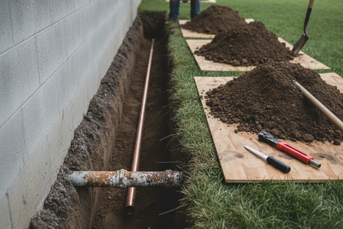 Excavated water line trench during Water Softener Installation in Ridgefield Park